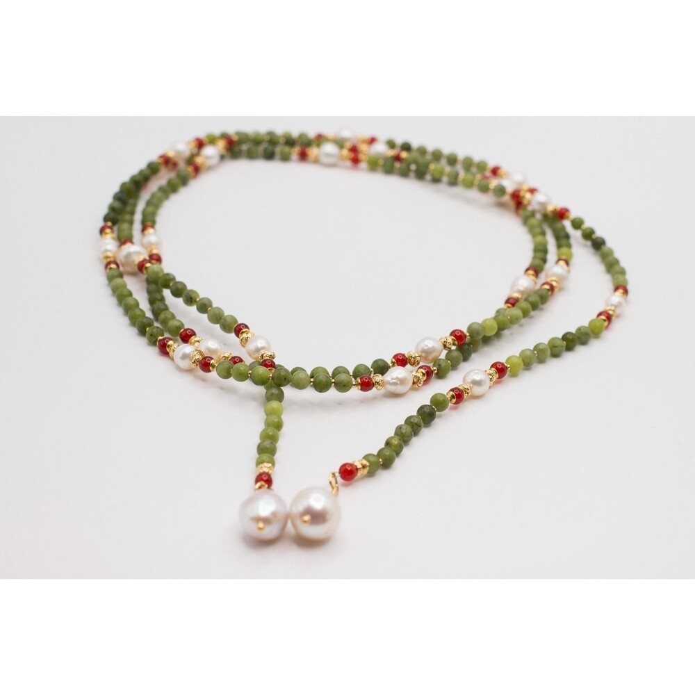 Green Aventurine & White Pearl Lariat Necklace Gold Baroque Pearl Kundan Sautoir